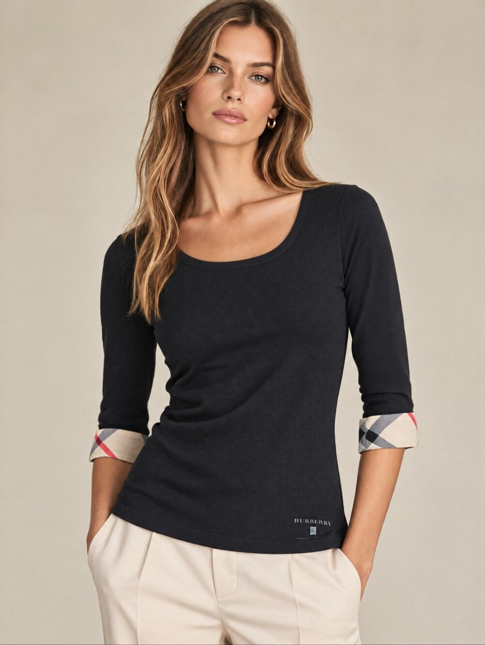 Burberry Black Scoop Neck Three-Quarter Sleeve Nova Check Print Top Size M